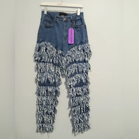 Purple Candy Blue Distressed Fringe Jeans - - Picture 1 of 3